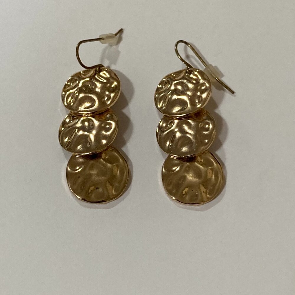 Gold Tone Hammered Disc Drop Earrings - Picture 1 of 5